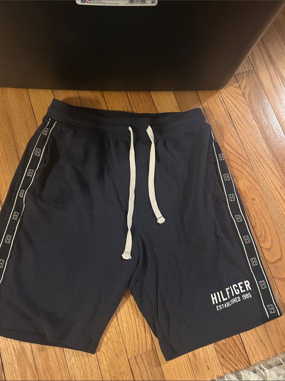 Tommy Hilfiger Navy Men's Logo Knit Drawstring Shorts with White Accents